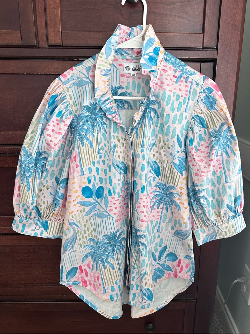 Holly Shae Pelican palm ruffle collar buttondown puff sleeve top sz XS/S
